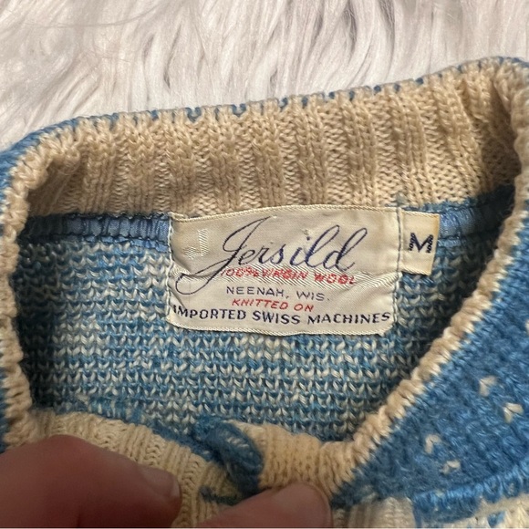 Jersild 100% Virgin wool Swiss vintage Blue and Cream Knit Sweater - Picture 4 of 6